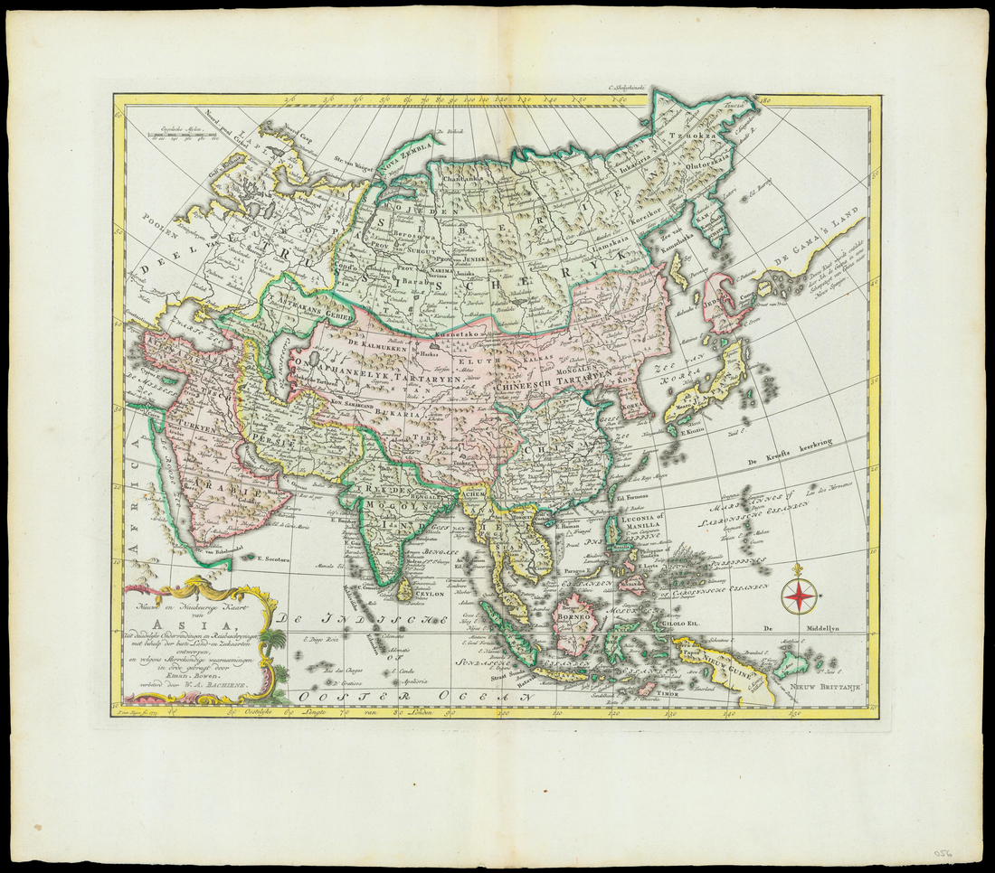 Map pf Asia, Published by Bachienne. Amsterdam. C. 1759. Copper Engraving. Later colour.good