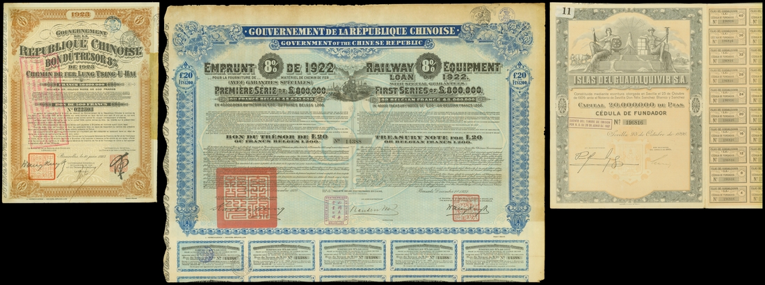 Mixed lot of 3 bonds consisting China 1922 Emprunt 8% Railway Equipment Loan, China 1923 Chemin de
