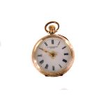 A 14K marked continental ladies open faced pocket watch, with black Roman numerals on white enamel