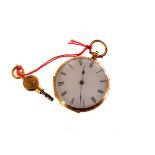 An 18ct gold ladies open faced fob watch, having black Roman numerals on white enamel face, AF