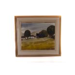 Eric Hains (1913-2005) watercolour, The Dark Barn, a landscape with farm buildings, approx 48cm by