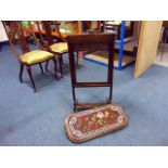 A mahogany and glazed fire screen, together with a tapestry and bead work glazed top twin handled