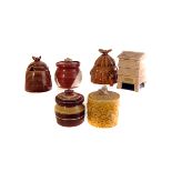 A selection of various items, to include six honey pots, a pair of T.G Green style salt and