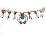 A Mexican silver and turquoise enamel necklace, the large crescent pendant on necklace of beads