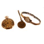 A lady's gold open faced pocket watch, together with a 9ct gold ladies Accurist wrist watch, and a