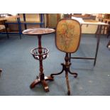 A mahogany pole (tapestry) screen, together with a small dish top table with lower galleried