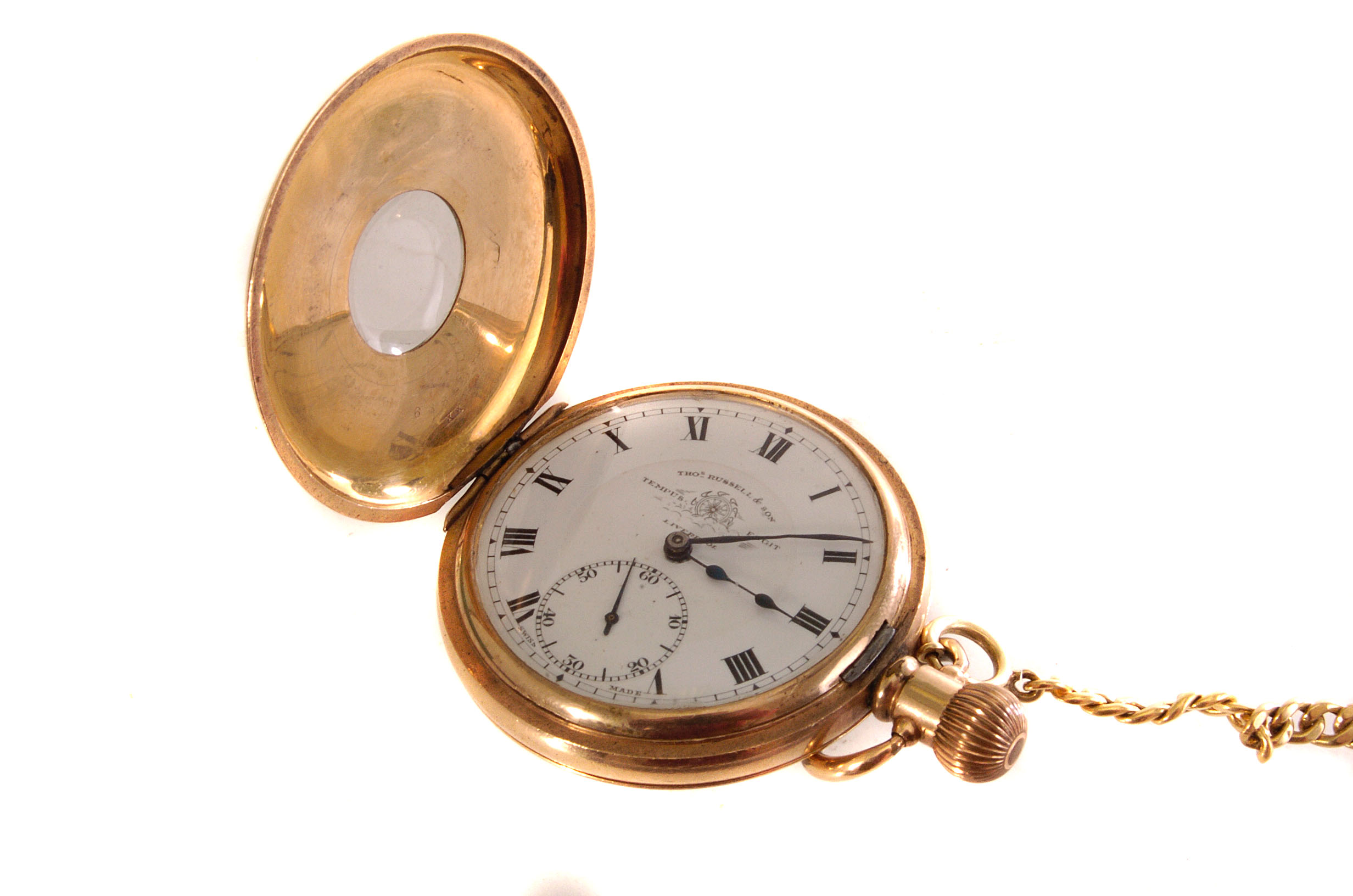 A Thomas Russell rolled gold half hunter fob watch, together with gilt curb chain (2)