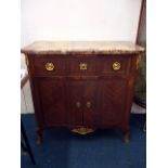A small marble top kingwood two door cabinet, having added gilt decoration on inlaid design, with