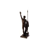 A spelter figure of a nude warrior, the warrior saluting the sky while holding a spear and cloth