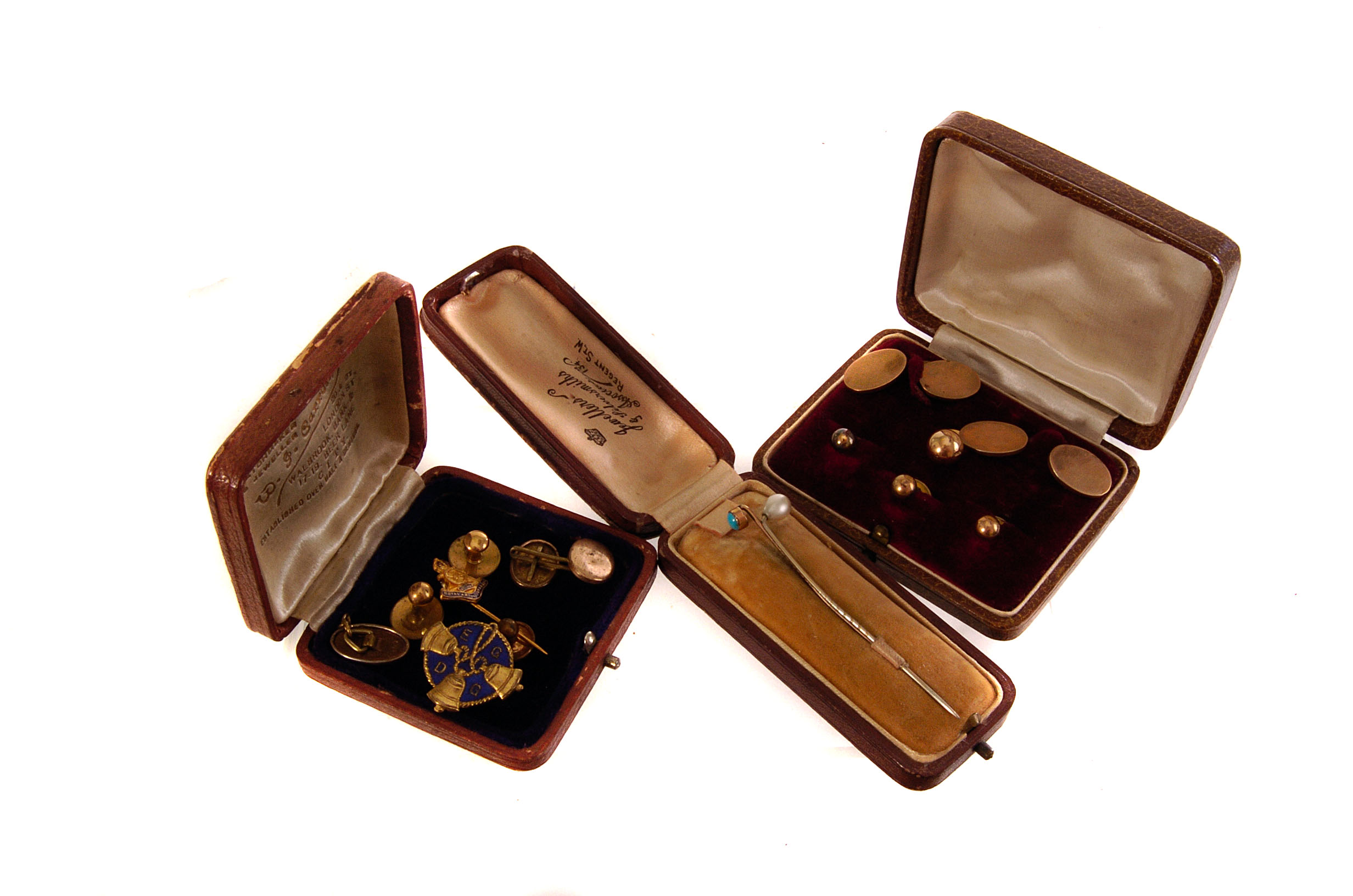 A gentleman's lot, including a gilt metal stud and cufflink set in case, two stick pins and