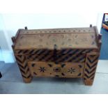 A Hungarian Dowry chest, in beech, with carved decorative design, painted decoration, having wrought