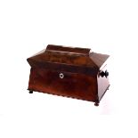 A Victorian mahogany tea caddy, having mother of pear inlay to top, with twin turned handles,