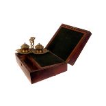 A mahogany writing slope, together with another small inlaid box, and a brass table top dual inkwell