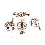 Three Art Nouveau seed pearl, amethyst and gemstone drop pendants, together with a 9ct gold and
