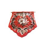 A heart mounted brass pole screen, the beadwork screen with red ground and floral decoration