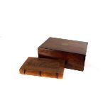 A mahogany box, possibly for jewellery, together with two wooden chopping boards and more (parcel)