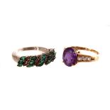 A 9ct gold amethyst and topaz dress ring, together with a silver emerald and topaz ring, both in