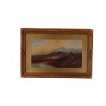 Oil on paper, Highland scene with castle, 25cm by 45cm, framed and glazed in decorative gilt frame