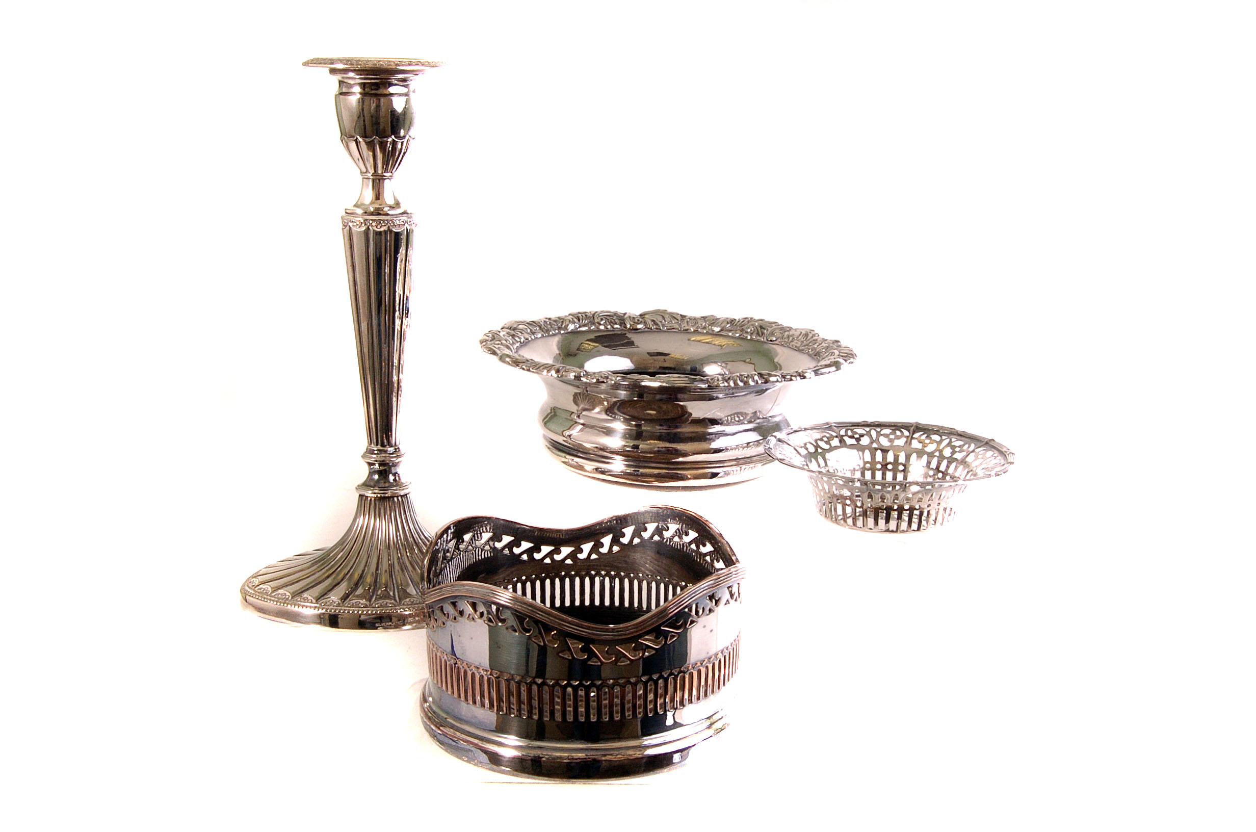A collection of silver and silver plated items, including a set of six silver coffee spoons, a