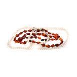 A string of cultured pearls, together with a cultured pearl bracelet, plus an amber bead necklace (