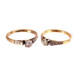 Two 18ct gold and diamond solitaire rings, both set in platinum, together with a De Beers