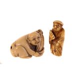 Two 19th century carved ivory Netsuke figures, one of a figure washing clothes and the other fanning