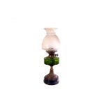 A 19th century brass and green glass oil lamp, with etched and crimpled glass shade, together with