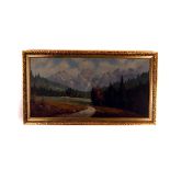 W.Rank, oil on canvas, an alpine scene with cabin, signed to bottom right, 49cm by 100cm, in