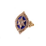 A 9ct gold, diamond and enamel ring, having central cushion cut stone with smaller stones forming