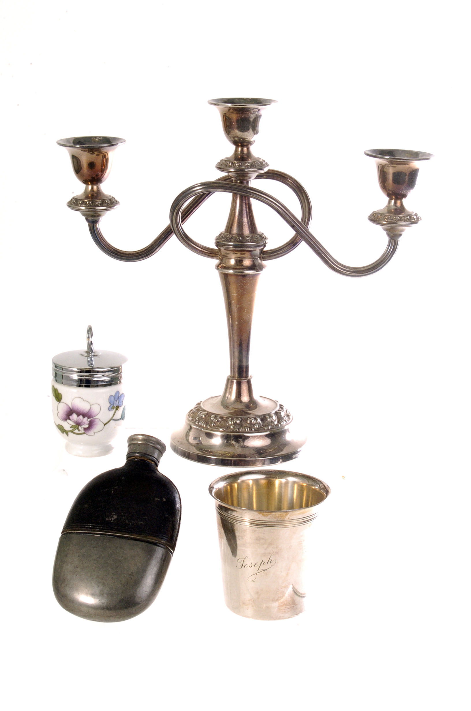 A group of silver plated items, to case knife set, a candelabra, cruet set and more, plus a hipflask