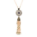 A modern Art Deco style flappers necklace, having double pearl style necklace supporting a paste set