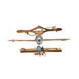 A 9ct gold and gem set bar brooch, together with two other examples, including a seed pearl and