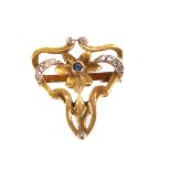 A French gold, sapphire and diamond brooch, with central gold flower having a single sapphire set to