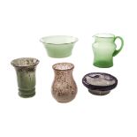 Three Vasart glass items, including two vases and a bowl, together with an Art Deco glass green