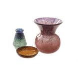 Three Monart and Vasart glass items, including a bulbous red and mauve gilt inclusion vase, a