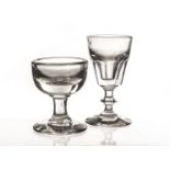 A 19th century wine glass, with deceptive facetted bowl on a knopped stem, together with a rounded