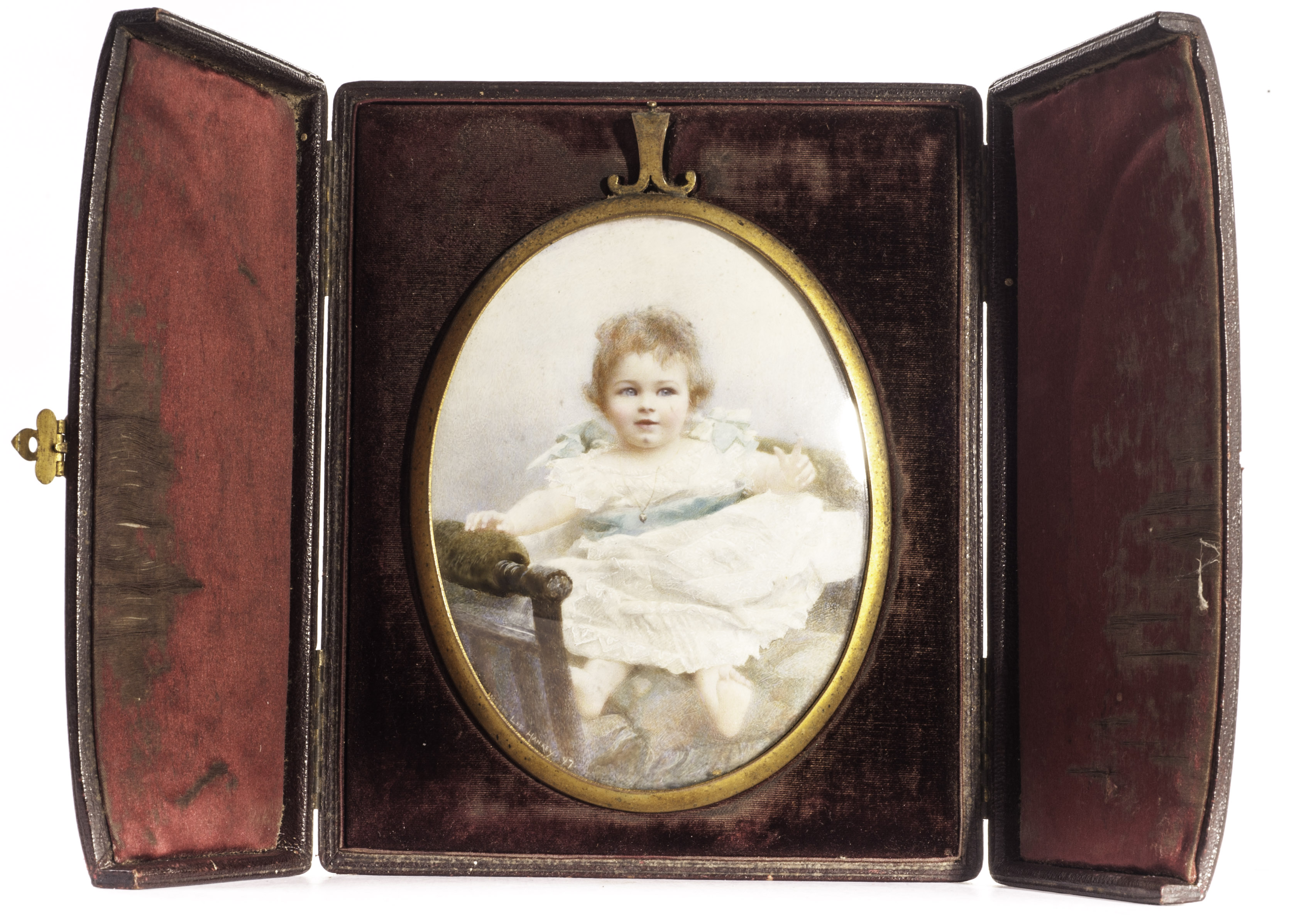 A late Victorian portrait miniature by Mabel Lee Hankey RMS, the large oval portrait of a baby,