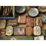 Needle tins: an All-U-Need five-compartment tin; six circular tins; fourteen others; a wood box; and