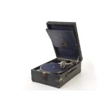 Portable gramophone: an HMV Model 101G portable gramophone with no. 4 soundbox, in blue case (