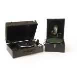 Portable gramophones: a Decca Junior A in black case, December 1925 (no soundbox); and a black Rally