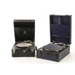 Portable gramophones: a Dulcetto in black case with Dulcetto soundbox, straight tone-arm and folding