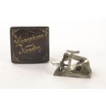 Gramophone accessories: an unusual early fibre cutter; and a papier-mâché Zonophone needle box (2)