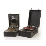 Portable gramophones: a Decca Model 120 with replacement soundbox and turntable felt, no lid