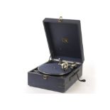 Portable gramophone: an HMV Model 97A portable gramophone with no. 21 soundbox, in blue case, 1937