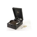 Portable gramophone: an HMV Model 102 portable gramophone with 5B soundbox, record tray, governor