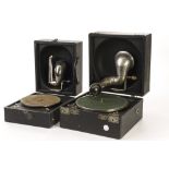 Portable gramophones: a Decca 1 Telesmatic with replacement soundbox (no carrying handle); and a