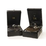 Portable gramophones: an HMV Model 101L portable gramophone with no. 4 soundbox, in black case (