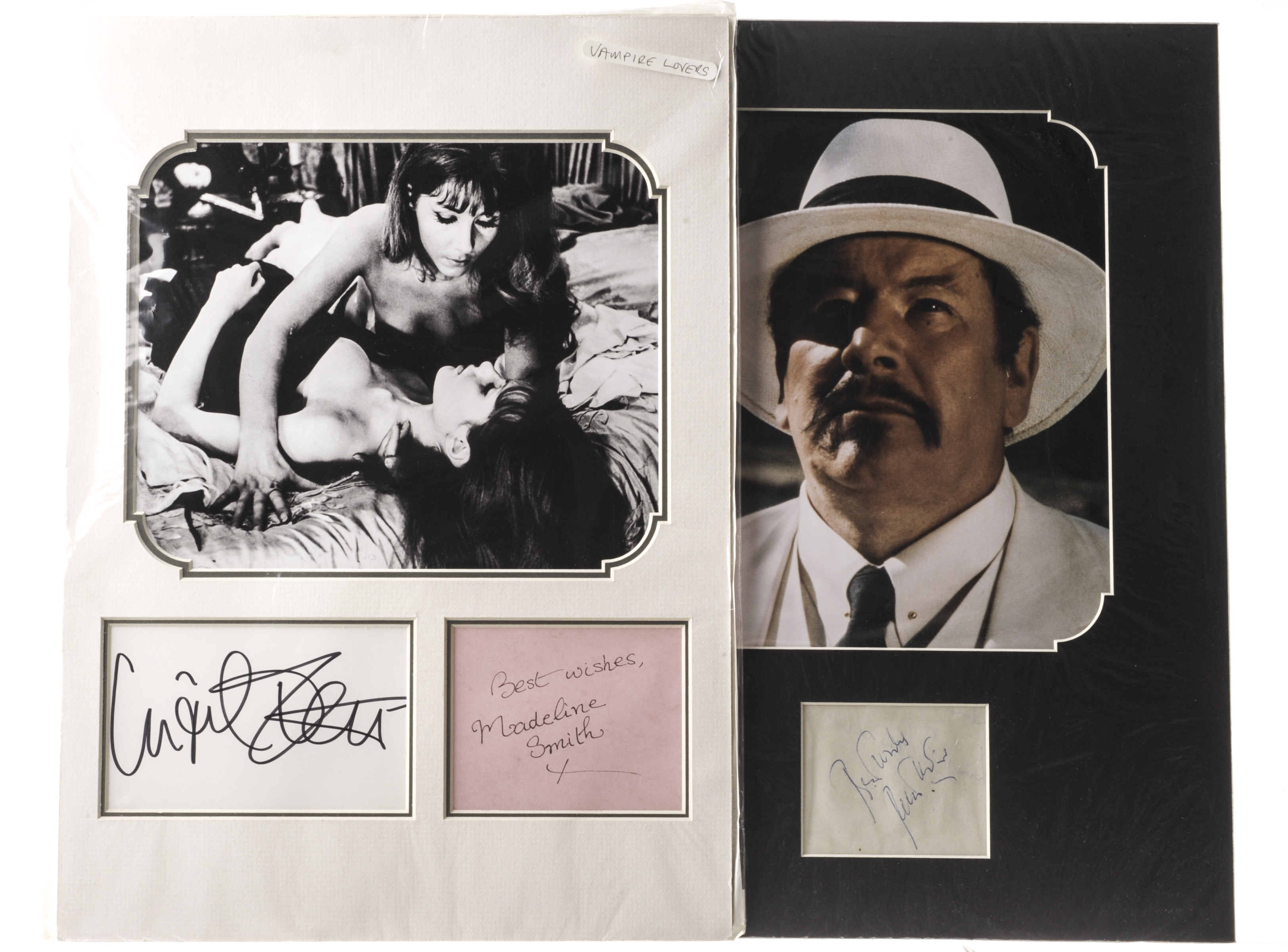 Autographs: four mounted autographed photographs Madeline Smith, Laurence Olivier, Peter Ustinov and
