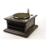 Hornless gramophone: a Columbia hornless model with wood internal horn, one-piece tone-arm and oak