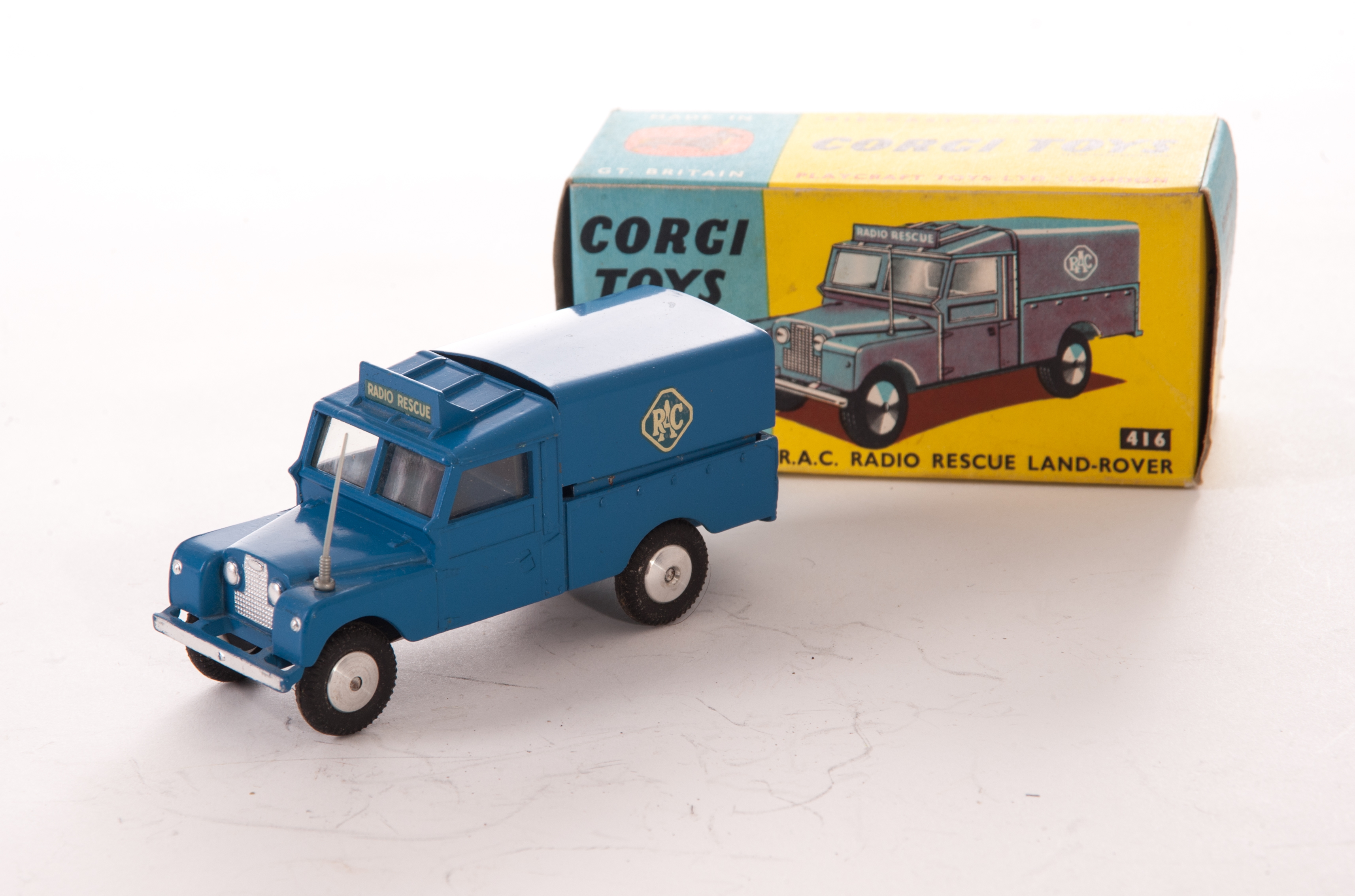 A Corgi Toys RAC Radio Rescue Land-Rover, in blue with aerial, in original yellow and blue picture
